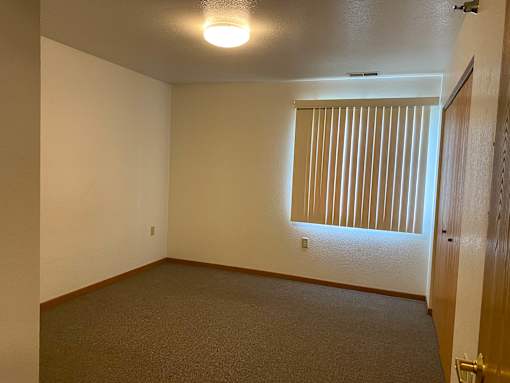 A room with a carpeted floor, a window with blinds, and a door.