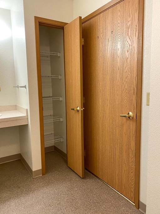 A wooden door is open to reveal a pantry with shelves and a counter.