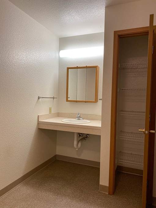 A bathroom with a sink and mirror.