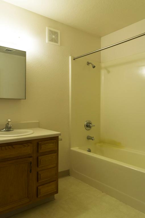 A bathroom with a sink, mirror, and bathtub.