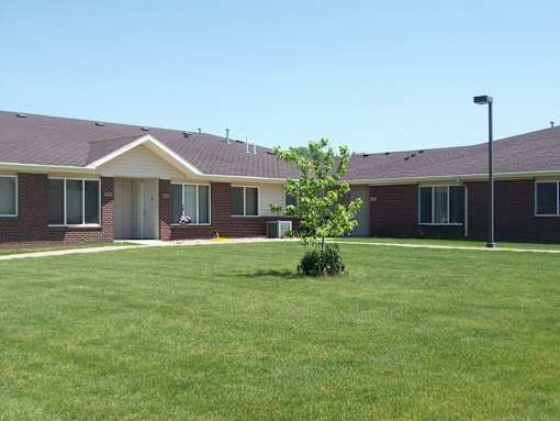 A small tree is in front of a building with a brown roof.
