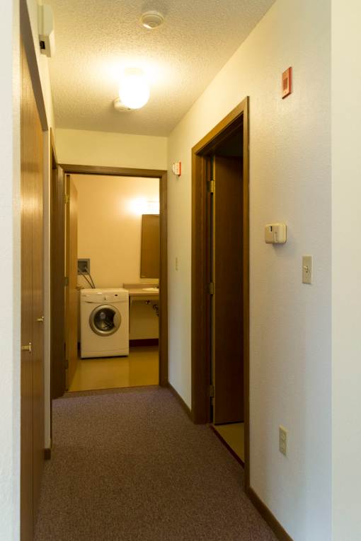 A hallway with a washing machine in the doorway.