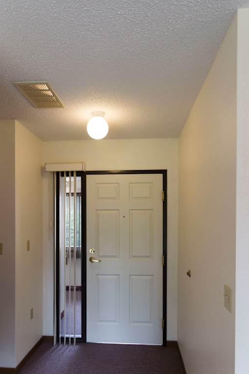 A white door is open to a hallway.