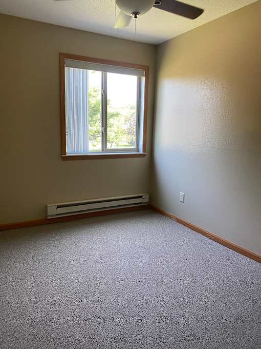 A window with blinds is on a wall next to a heater.