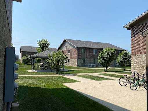 A residential area with houses and a park.