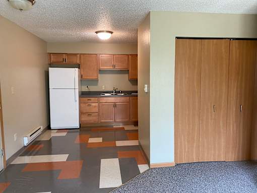 A kitchen with a white fridge and wooden cabinets.