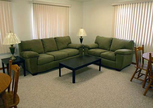 A living room with a green couch and a coffee table.