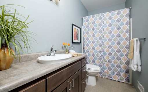 A bathroom with a sink, toilet, and a shower curtain.