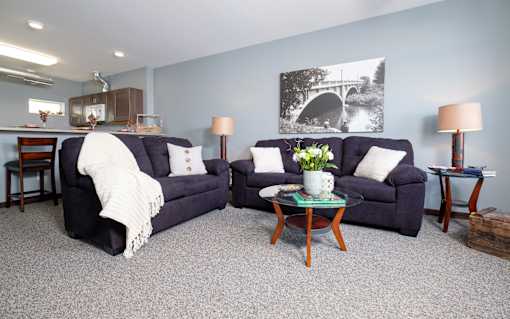 A living room with two couches and a coffee table.