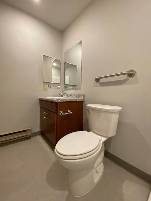 A white toilet in a bathroom with a wooden cabinet and mirror.