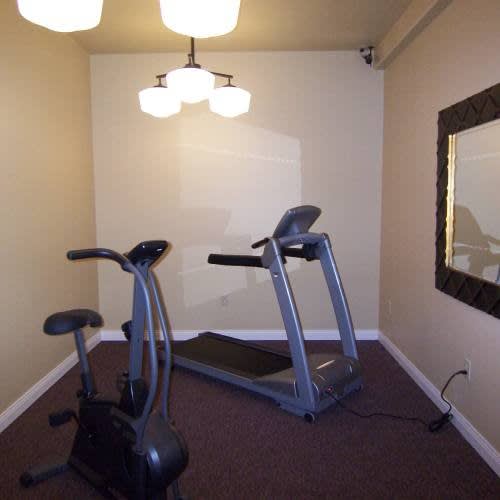 A room with a mirror and exercise equipment.