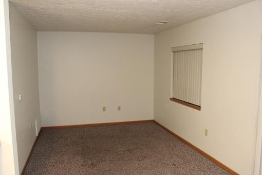 A room with a carpeted floor and a window with blinds.