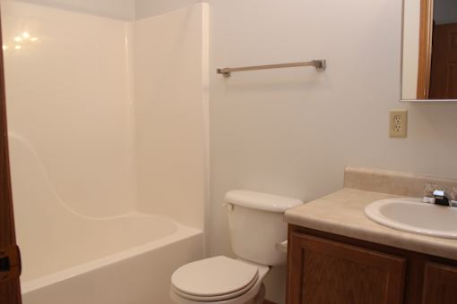 A white toilet sits next to a bathtub in a bathroom.