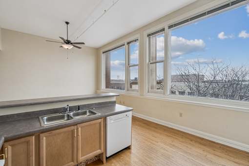 A kitchen with a white dishwasher and a double sink.