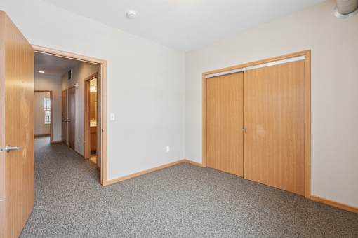 A hallway with a door on the left and a closet on the right.