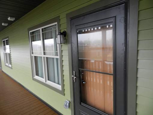 A black door with a glass panel is on the right side of a green house.