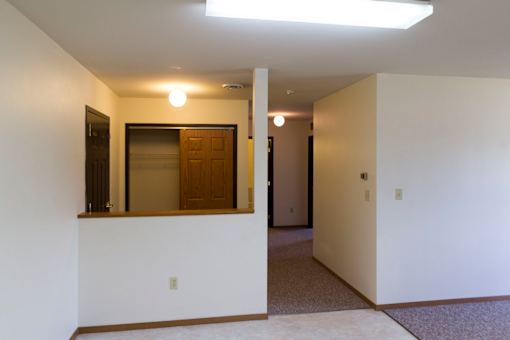 A hallway with a white wall and a brown door.