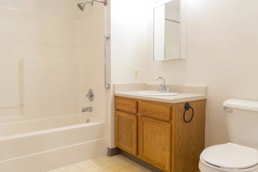 A white bathroom with a wooden cabinet and a white toilet.