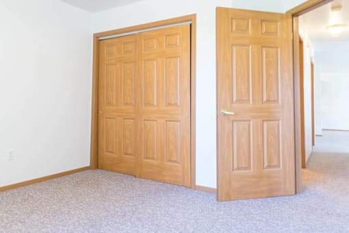 Two wooden doors in a room with carpeted floor.
