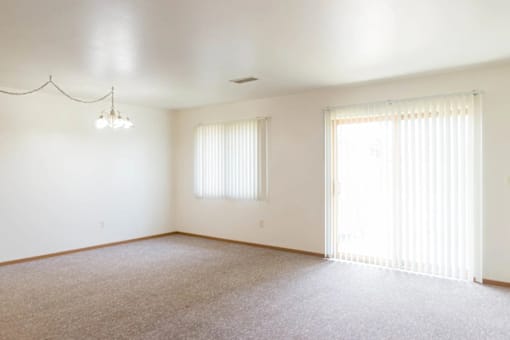 A room with a carpeted floor and a window with blinds.