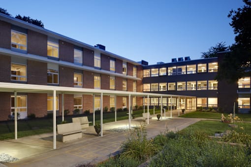a view of the courtyard at night