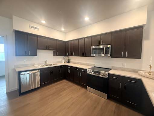A modern kitchen with dark brown cabinets and stainless steel appliances.