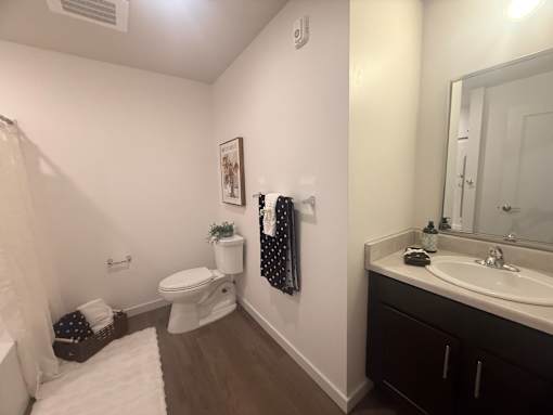 A bathroom with a toilet, sink, and mirror.