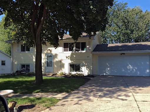 A house with a white garage door and a tree in front.