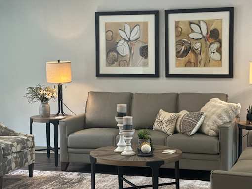 A living room with a grey couch, a coffee table, and two framed pictures on the wall.