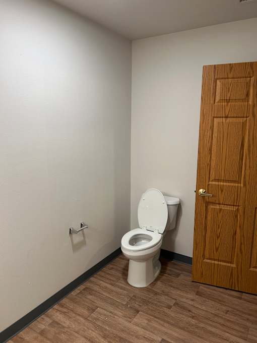A white toilet with a wooden cabinet above it.