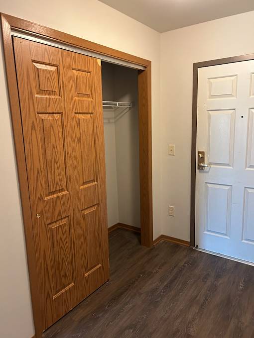 A wooden door with a handle is open to a small room.