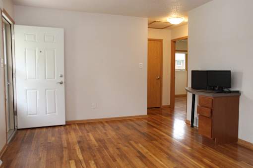 A room with a white door, a brown cabinet, and a wooden floor.