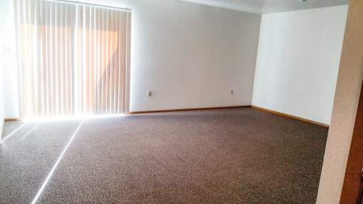 A room with a carpeted floor and a large window with blinds.