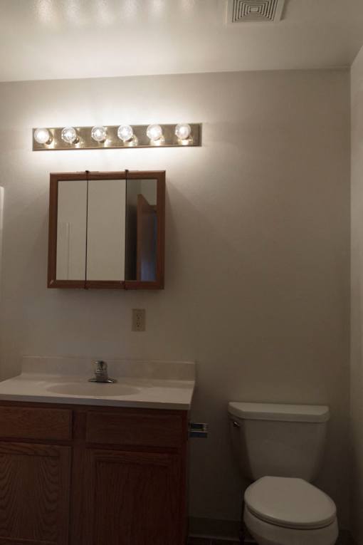 A bathroom with a toilet, sink, mirror, and lights.