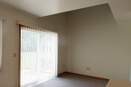 A room with a carpeted floor and a sliding glass door.