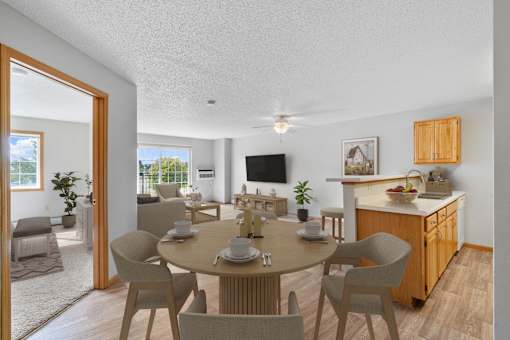 Kitchen, dining, and living room at The Preserve at Commerce, Rogers, MN, 55374