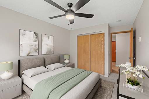 Bedroom in a newly renovated apartment home at Park Pointe Apartments in St. Louis Park, MN 55426