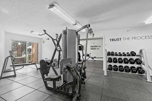 Fitness center with weight lifting equipment and cardio equipment at Cityscape, St Louis Park, MN, 55416