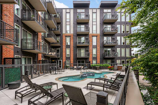 Outdoor pool deck at The Flats at West End Apartments, Minnesota