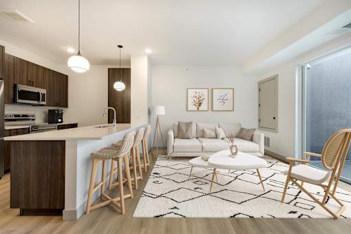 Living and kitchen area at The Mera, St Louis Park, MN