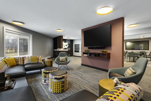 a living room with couches and chairs and a television  at Cedars Lakeside, Little Canada