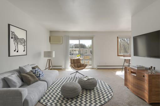 a living room with a gray couch and a black and white rug at Hamline Terrace, Roseville