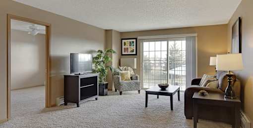 A living room with a television, a couch, a chair, a potted plant, and a window.