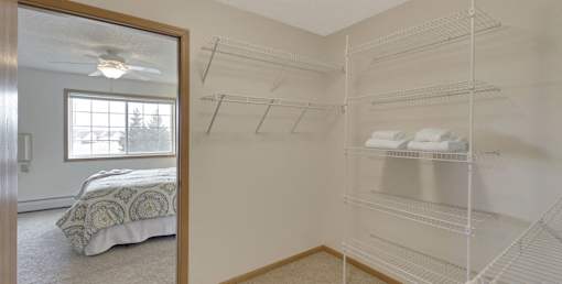 A room with a bed and a walk in closet.