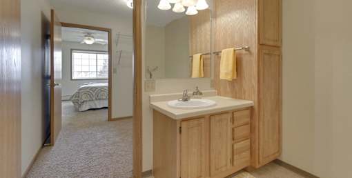 A bathroom with a sink, mirror, and wooden cabinets.