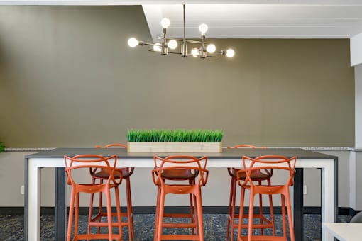 A long table with four chairs and a plant on it.