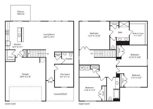 A floor plan of a two-story house with labeled rooms and dimensions.