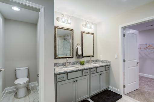 A bathroom with a toilet, two sinks, and a mirror.