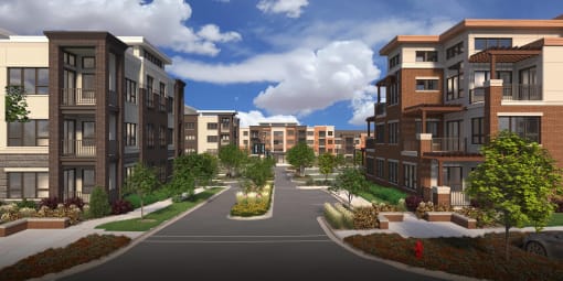 a rendering of a street with apartment buildings on either side of a road
