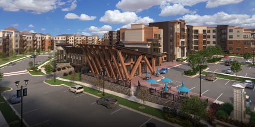 a rendering of a building with a bridge over a city street